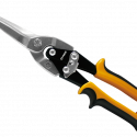 Worksite Long Straight Aviation Snip, CRV, 12 inches long, Ergonomic grip. Non slip serrated jaws. Cuts straight lines easily. Cuts tight curves easily. Great for cutting sheet metal, vinyl, plastic, rubber and many other applications. WT605519